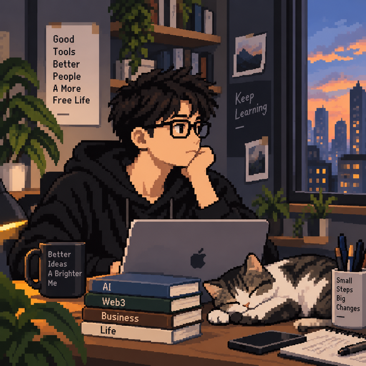 戴黑框眼镜的像素人物坐在书桌前，身旁有书和睡着的猫